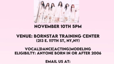 미국 뉴욕서 최대의 오디션이 개최된다. AUDITION.NOV 8TH 5 PM@ BORN STAR TRAINING CENTER. 213 E 117th St New York NY 10035. Welcome everyone